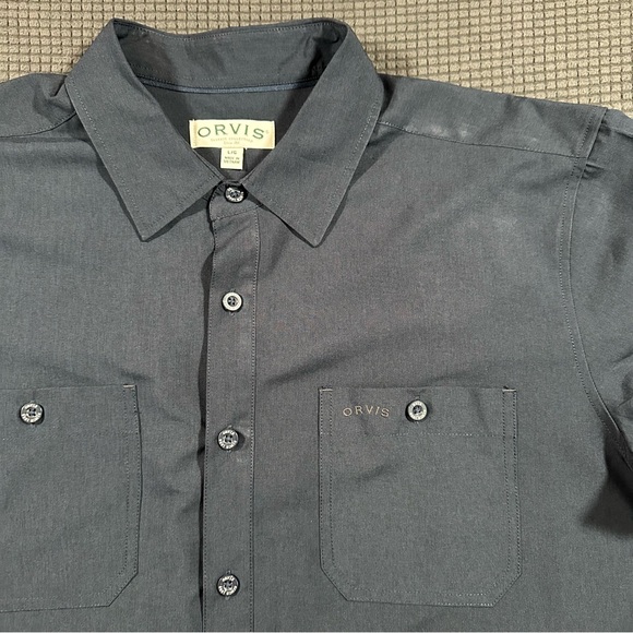 Orvis Mens Navy Blue Short Sleeve Button Down Shirt Large Polyester Utility - Picture 2 of 7